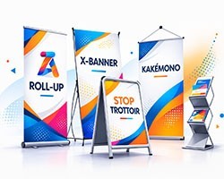 Supports publicitaires personnalisés pour salons, vitrines, événements et points de vente.